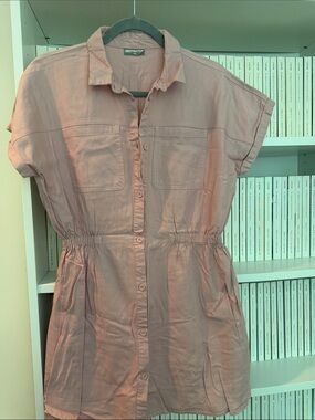 Dusty Rose Button-Front Shirt Dress with Elastic Waist
